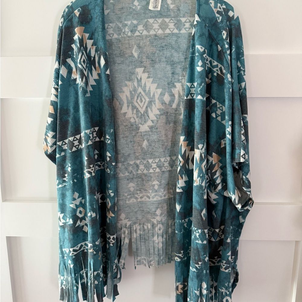 New Teal Boho Western Aztec Fringe Cardigan size medium